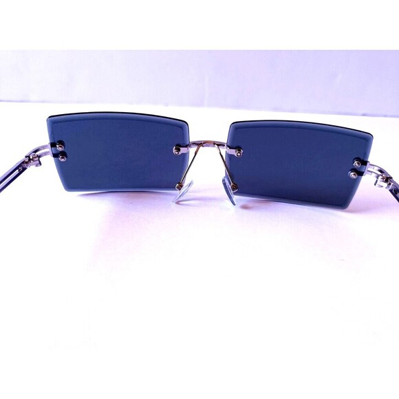 Rimless Rectangular Sunglasses Dark Blue Unisex Metal Frame - Picture 6 of 7